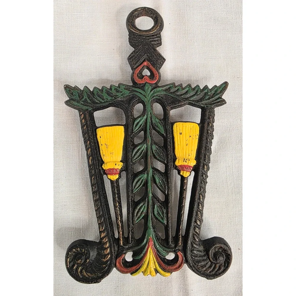 Vintage Cast Iron Trivet Hand Painted Broom Heart Wall Decor Farmhouse Kitchen